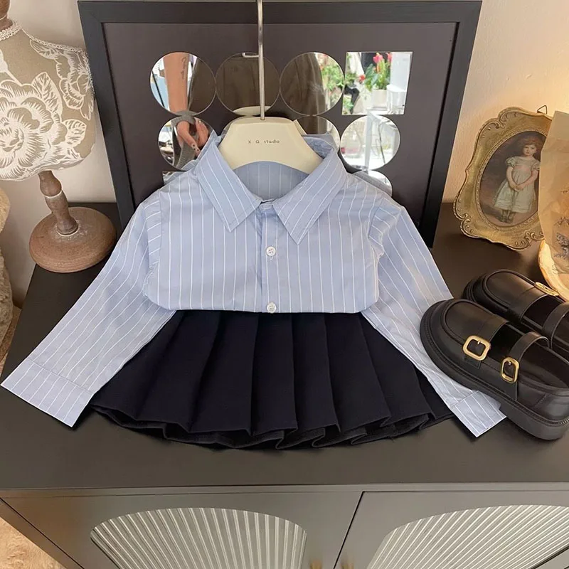 Girls Knit Vest Striped Blouse Skirt Set Kids Outwear