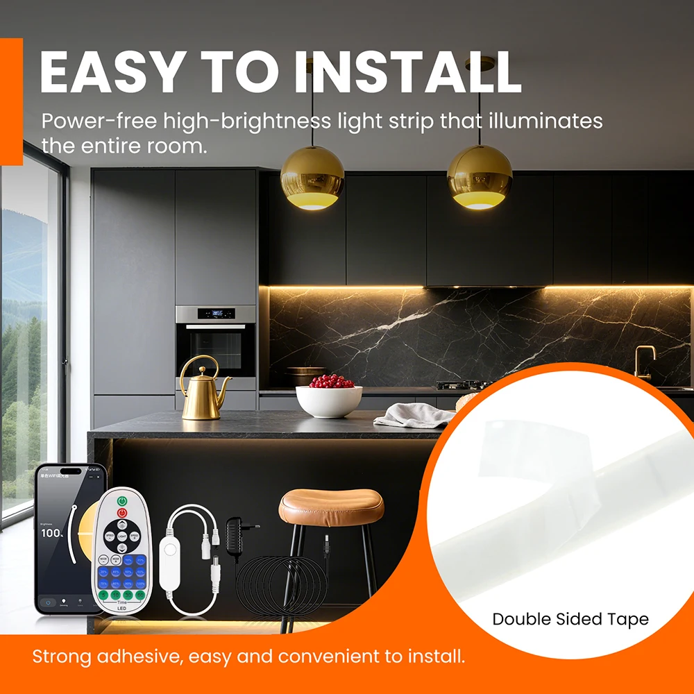 COB LED 스트립 라이트 와이파이 블루투스 앱 제어 320LEDs IP67 유연한 테이프 라이트 12V 24V 리모컨 전원 키트 주방 캐비닛용