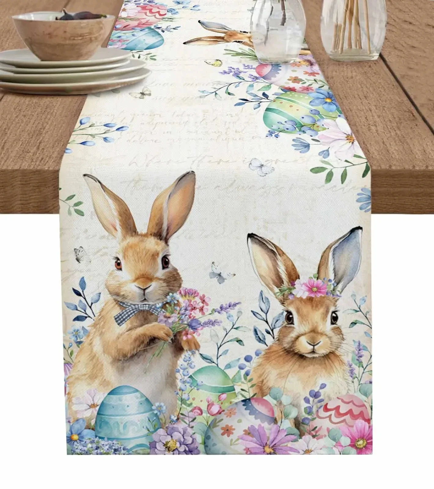 Easter Bunny Spring Flowers Linen Table Runner Washable Dresser Scarves Table Decor Festival Wedding Kitchen Decor Table Runner 5