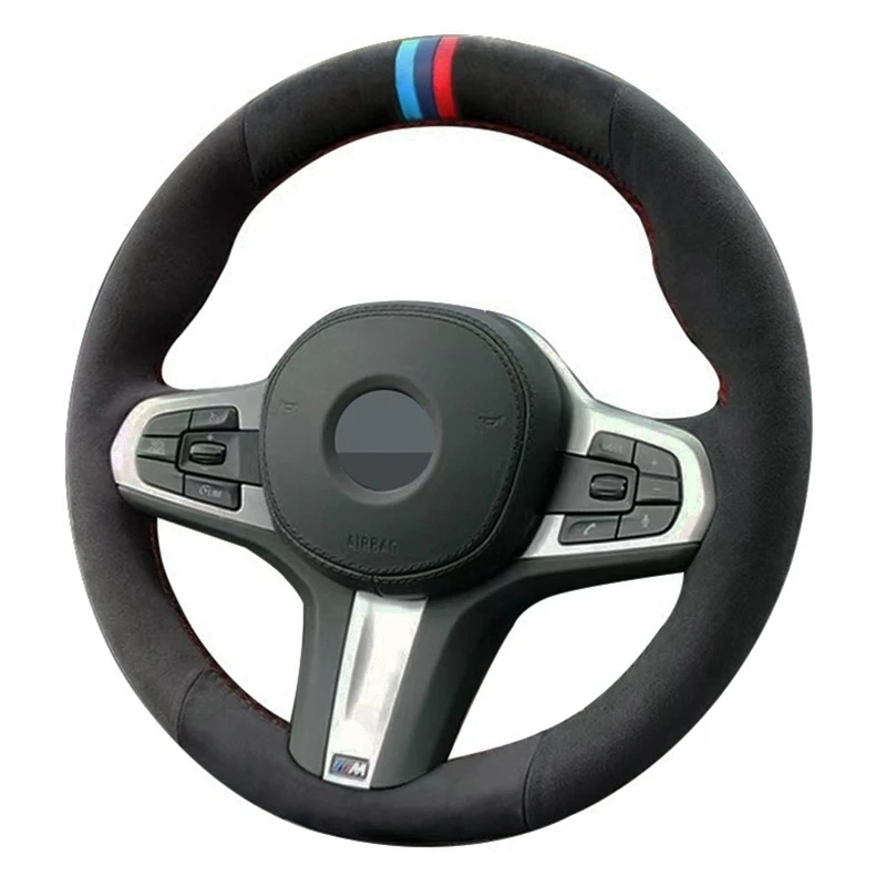 Car Steering Wheel Cover Customized Black Suede Leather For Bmw M Sport