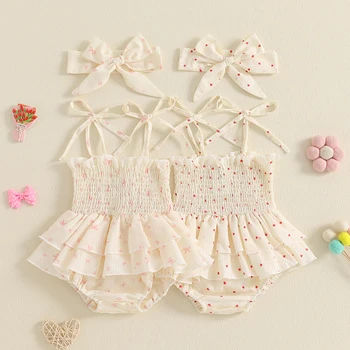 FOCUSNORM 0-24M Newborn Baby Girls Romper Dress Outfit Heart Print Sleeveless Ruffles Jumpsuits with Hairband Clothes