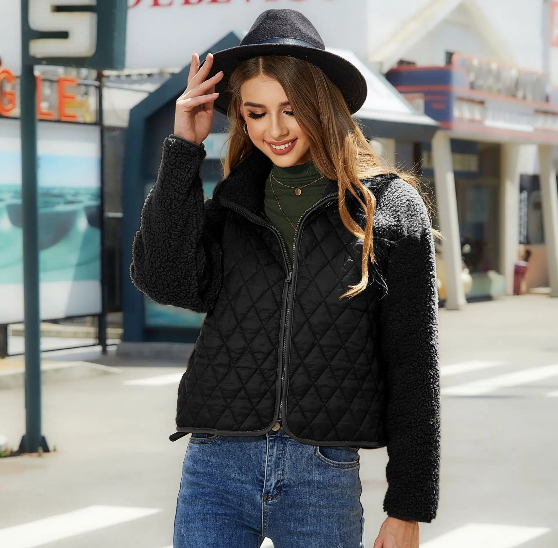 New designed women coat long sleeve solid color cotton PU patchwork zipper lapel western style ladies coat for autumn 2023
