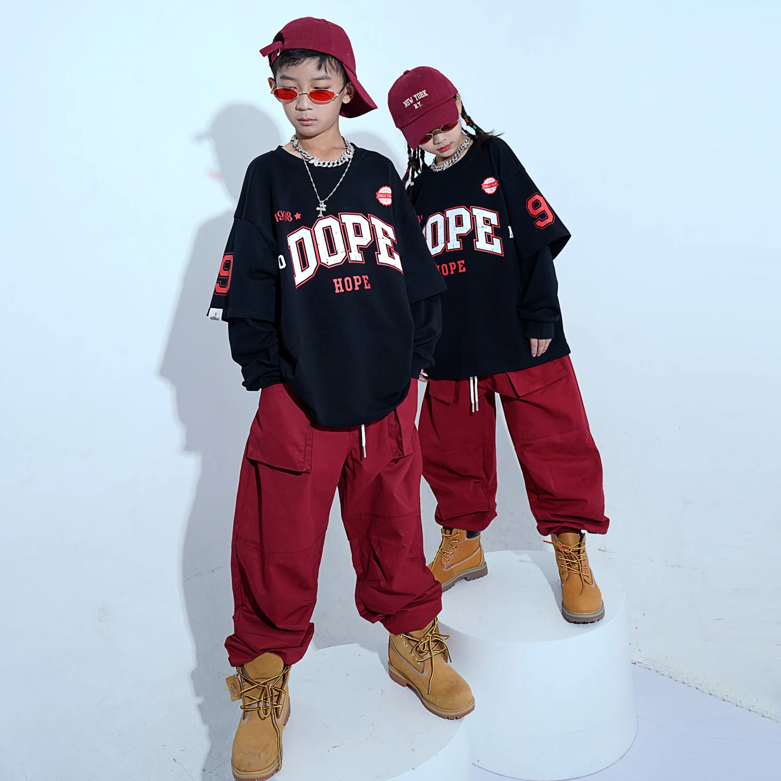 Jazz Dance Rave Clothes Boys Black Fake Two Piece Sweater Loose Pants Streetwear Girls Hip Hop Dance Streetwear DQS11031