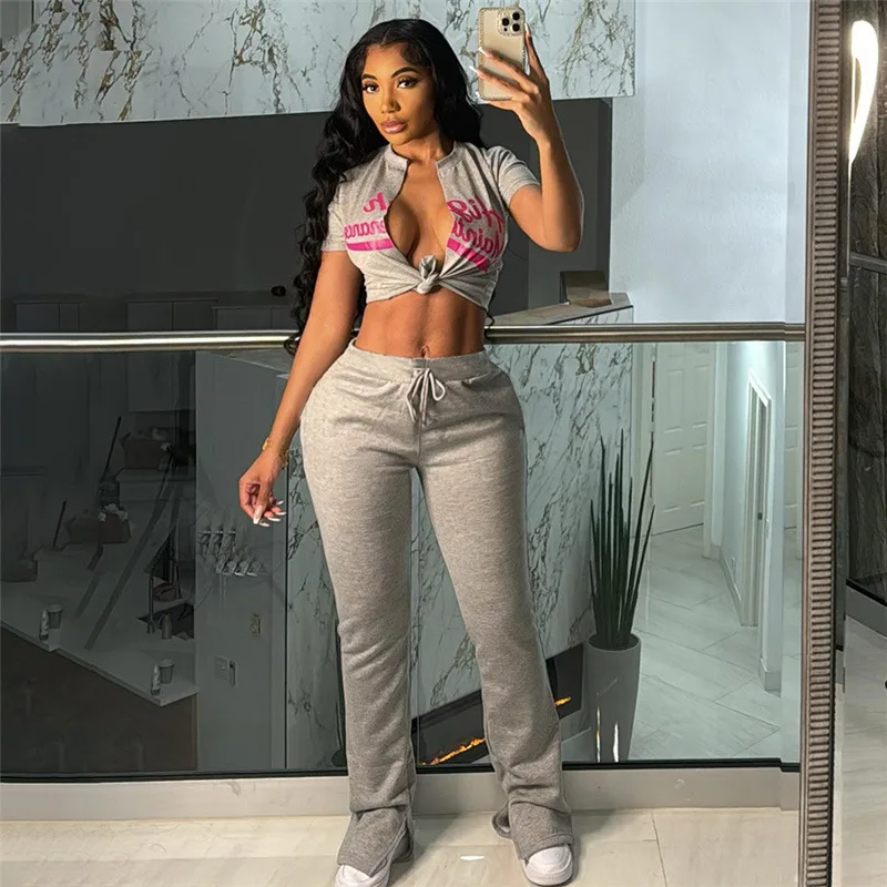 Letter Printed 2 Pieces Set Women Tracksuit 2024 Summer Short Sleeve Lace-up Crop Tops Drawstring Sweatpants Streetwear