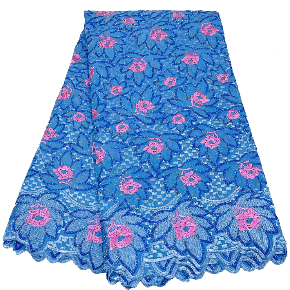 

Latest Blue Flowers African Lace Fabric With Stones High Quality 5 Yards Nigerian Cotton Lace Fabric For Party Dress Sewing