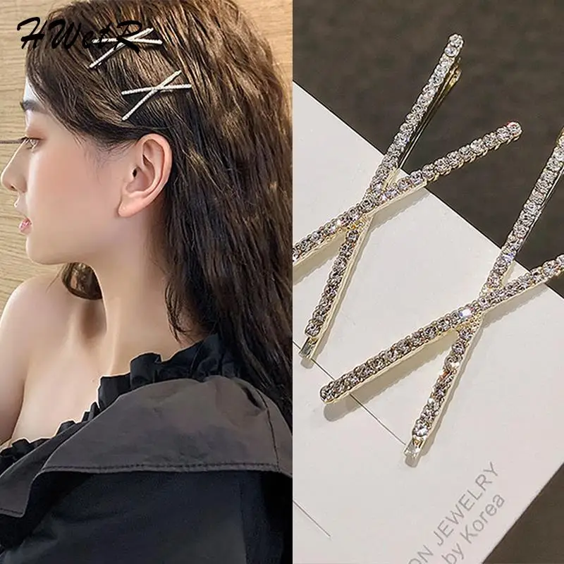 New 1/2pcs Cross Crystal Hairpins Rhinestones X Hair Clips Barrettes Simple Side Clip Bridal Headwear Girl Hair Accessories