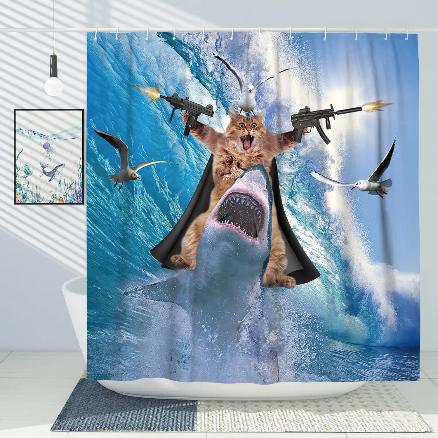 Funny Shower Curtain Cute Sea Cat Riding Shark Whale Cartoon Animal Creativity Kids Bathroom Decor Polyester Fabric Cloth Hooks