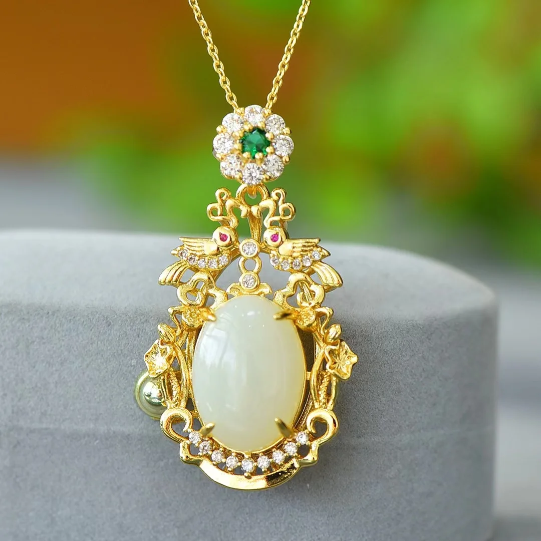 

Natural Hetian White Jade Pendant Womens Necklace Hollow Pendants Fine Charms Jewellery Gifts Stylish Clavicle Chain Jewelry