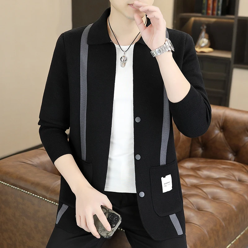 

High End Men's Sweater Striped Lapel Three Button Knit Cardigan 2023 Korean Long Sleeved Top Autumn/Winter Casual Men's Clothing