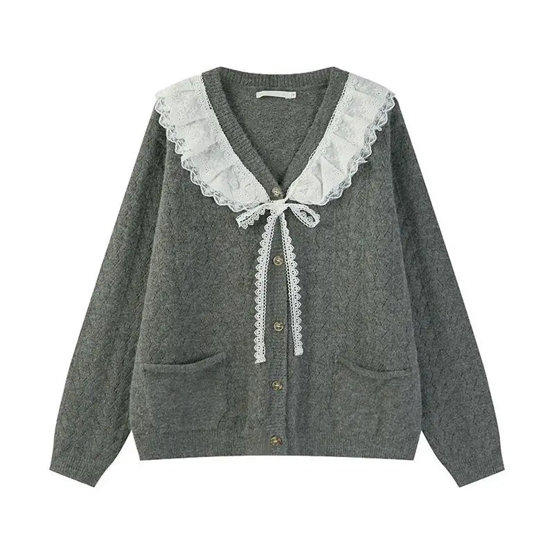 

EBAIHUI Peter Pan Neck Women's Sweater New Korean Edition Lace Panel Ladies Knitwear Autumn Winter Loose Lazy Style Cardigan Top