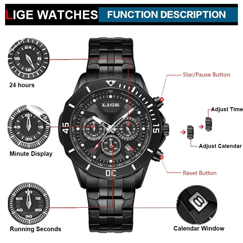 LIGE Casual Men Watch Luxury Waterproof Luminous Chronograph Date Man Wristwatch Military Quartz Men's Watches High Quality