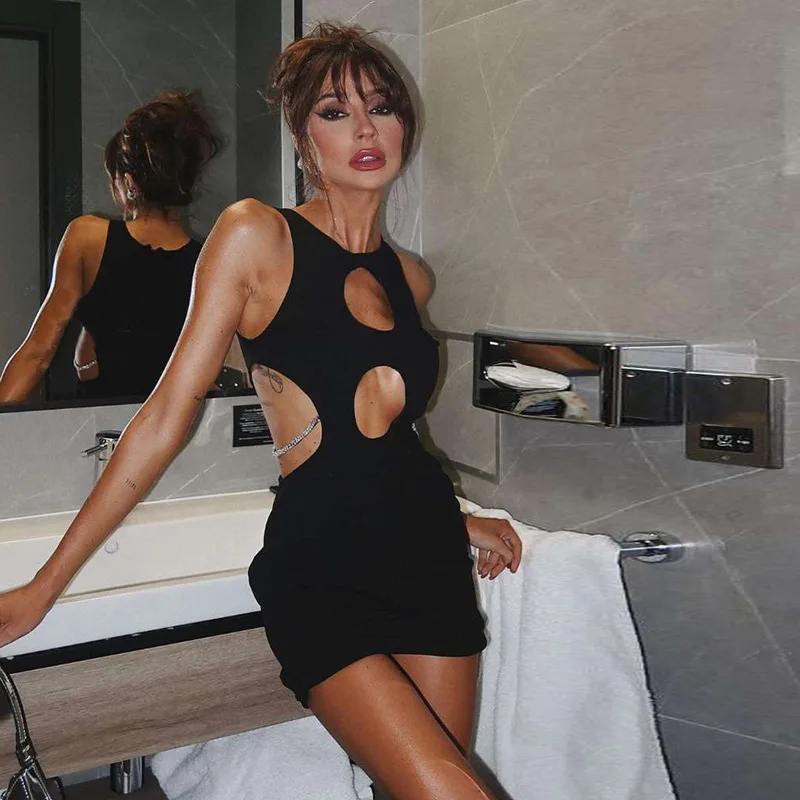

Night Club Mini Dress Club Outfits for Women Sleeveless Elegant Boddycon Dresses Rhinestone Chain Detail Sexy Cut Out Streetwear