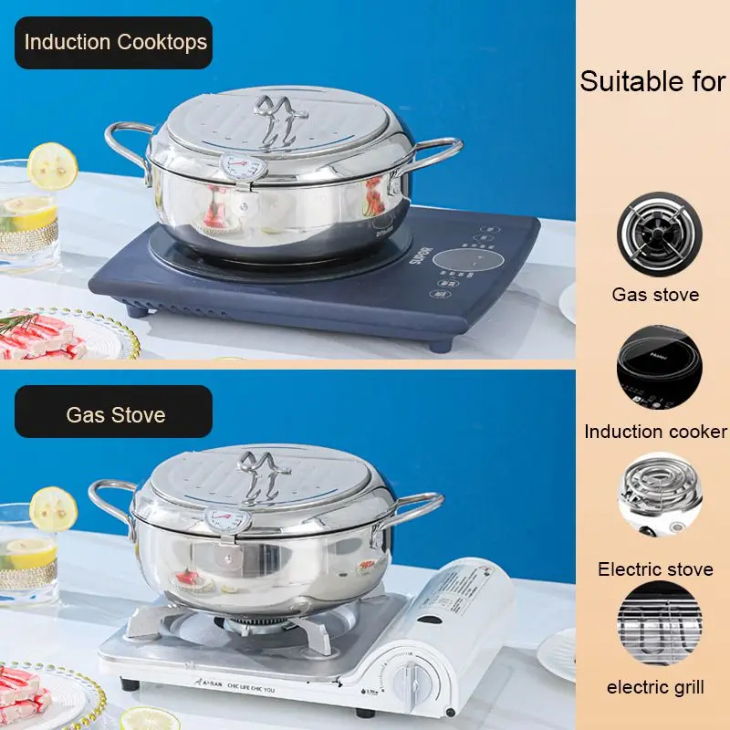 2.2L/3.4L Japanese style deep fryer Gas Tempura Chicken French fries Fryer Stainless Steel Cooking pot boiler with Thermometer 2