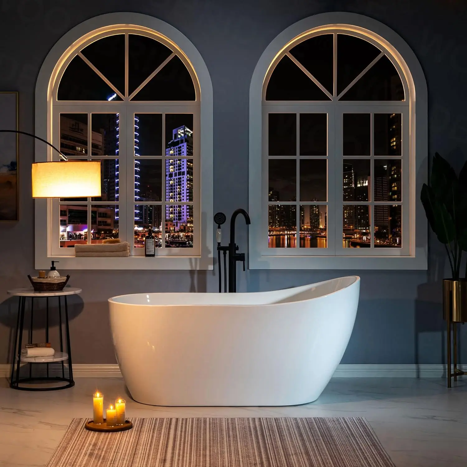 59" Acrylic Freestanding Bathtub Contemporary Soaking White Tub with Chrome Overflow and Drain White Non Slip Design