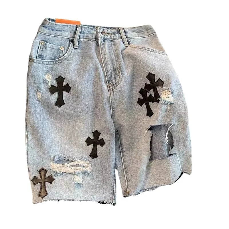 Y2K Ripped Denim Shorts European and American High Street Cross Jeans Hip-hop Boyfriend Straight Loose Wide-leg Pants Ins Hot