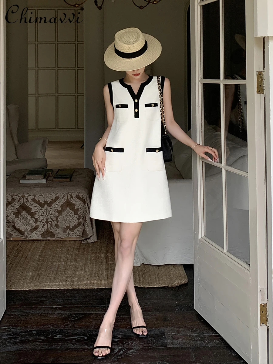 

Fashionable Women's Dress 2024 Summer Clothes New French Retro Creamy-white Sleeveless Loose Temperament Mini Vest Dresses