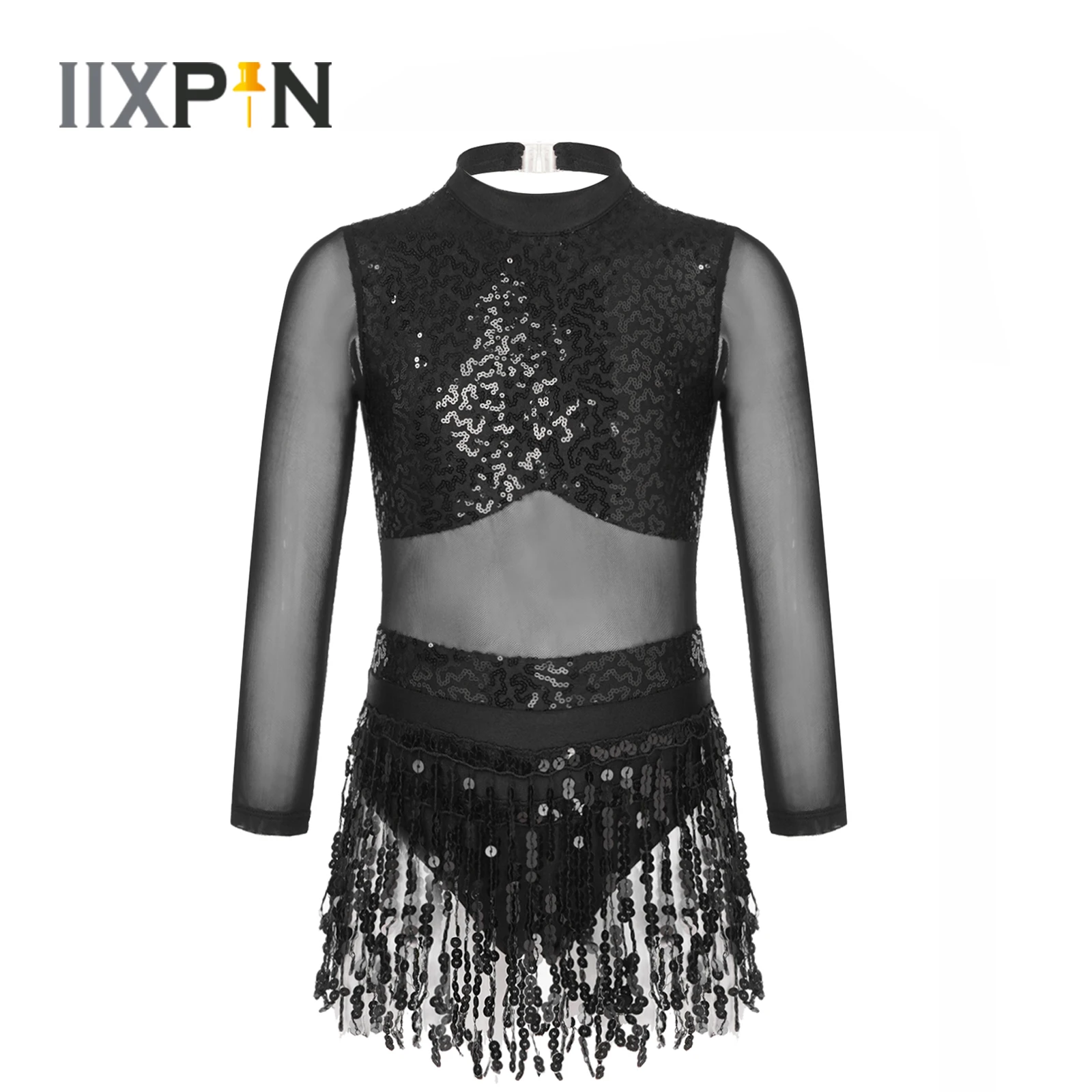 

Girls Ballet Leotard Dress Kids Sparkly Sequins Tassel Mesh Long Sleeve Cutout Dance Wear Latin Gymnastics Performance Costume