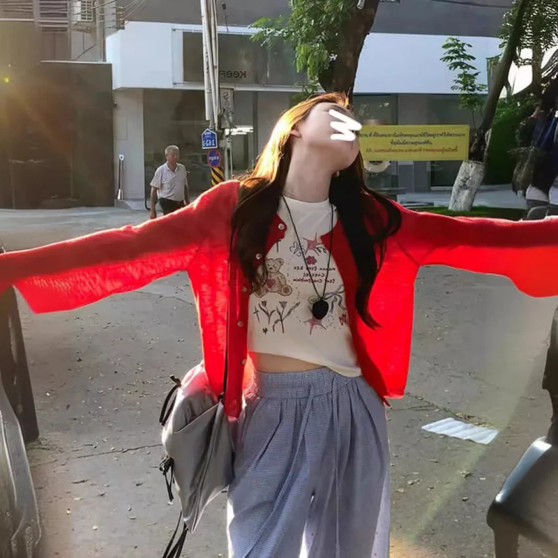 여성용 레드 가디건, 뒷면에 리본 자수가 있는 여름 얇은 니트 아우터, 패셔너블한 에어컨 탑