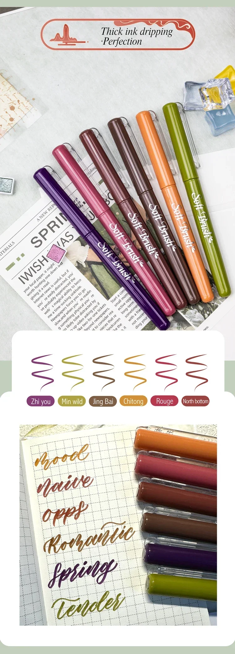 6 Stück Marker mit weicher Pinselspitze, Künstlermarker, flexible Spitze, verschiedene Farben für Journaling, Handschrift, Kalligraphie, Zeichnen – Detail 8