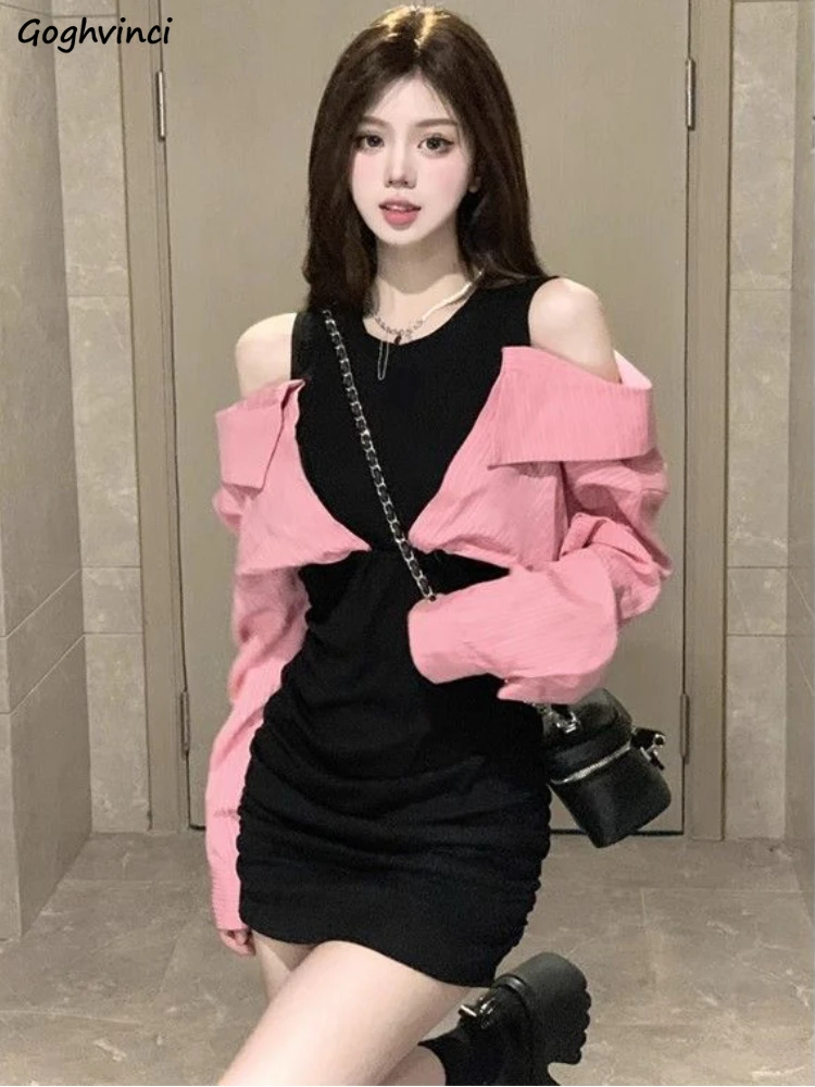

Fake 2 Pcs Dresses Women Mini Panelled Autumn Casual Shirring Tender Hotsweet Girlish Off Shoulder Fashion Aesthetic Clothing