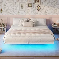 Floating Bed Frame King Size W/ LED Lights, Metal Platform King Bed W/ Heavy Duty Steel Slats & 4 Mattress Slide Stopper, White 2