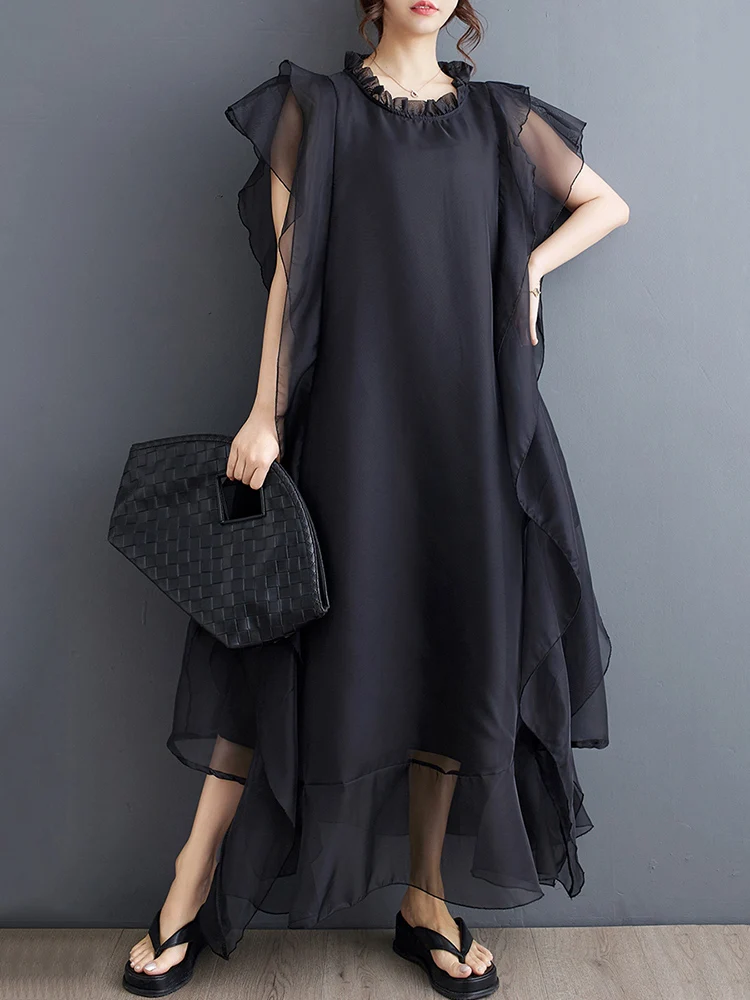 Organza Irregular Patchwork Ruffles Dresses For Women 2025 Summer New Sleeveless Loose Casual Midi Dress Fashion Elegant Clothes