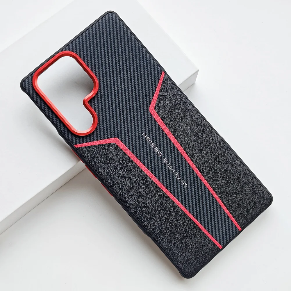 Enhanced Red Spliced Carbon Fiber Leather Phone Case with Camera Protection