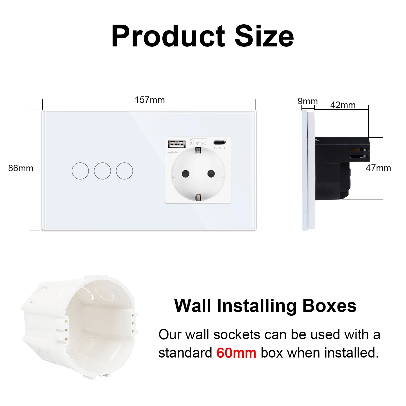 Toma de corriente de pared, interruptor de luz doble táctil, cargador USB  2, panel de vidrio blanco de enchufe eléctrico alemán de la UE