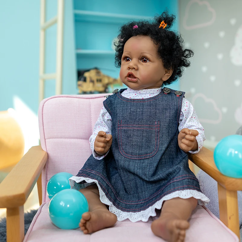 56cm Bebe Reborn Doll Baby Girl In Dark Brown Skin Hand Rooted Hair