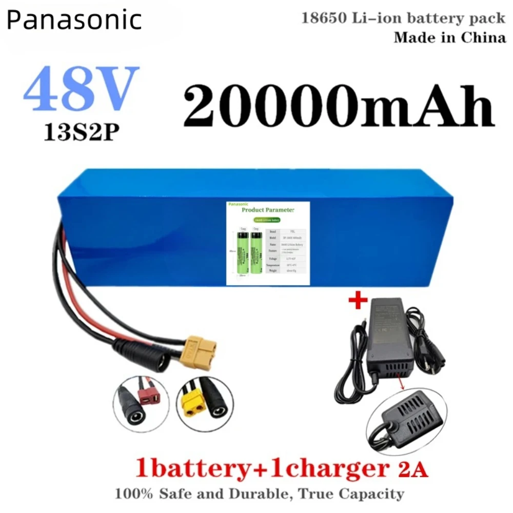 

True capacity XT60/T plug 48V lithium-ion battery pack 13S2P 20Ah built-in BMS, suitable for electric bicycle 54.6V 2A charger