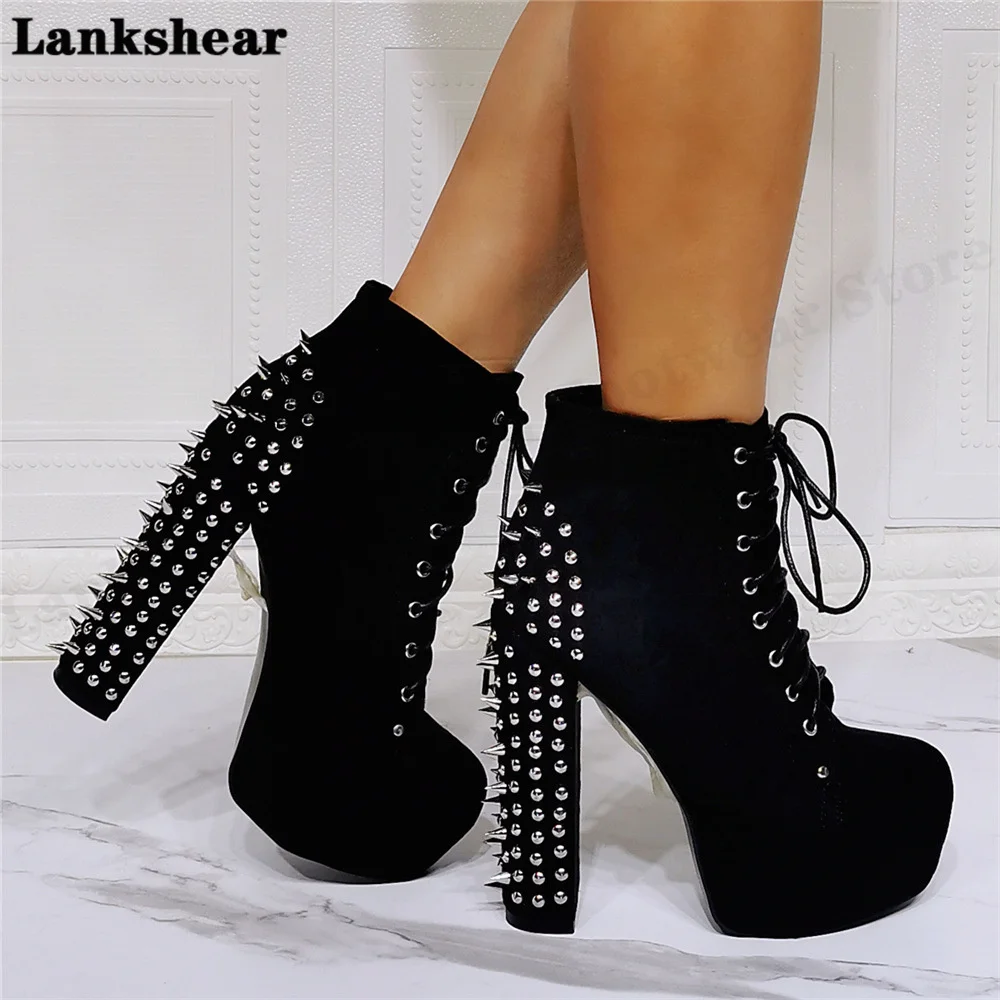 Rivet Thick Heel Booties Round Toe Lace-Up Stiletto High Heels Short Boots Fashion European Dress Women Boots Women Shoes