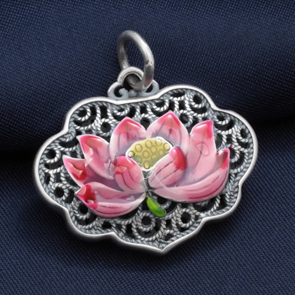 Real Pure S990 Sterling Silver Lucky Hollow Sutra Enamel Lotus Lock Pendant 9-10g