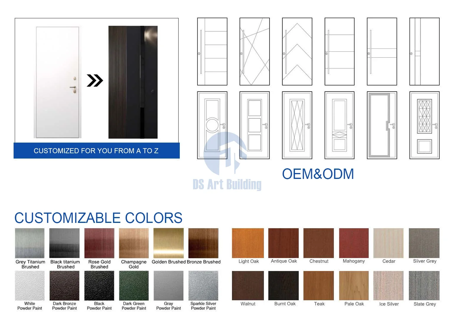 DS 2022 Hot Selling Cheap Wood Grain Steel Doors with Two Different Wings Pivot Door 6