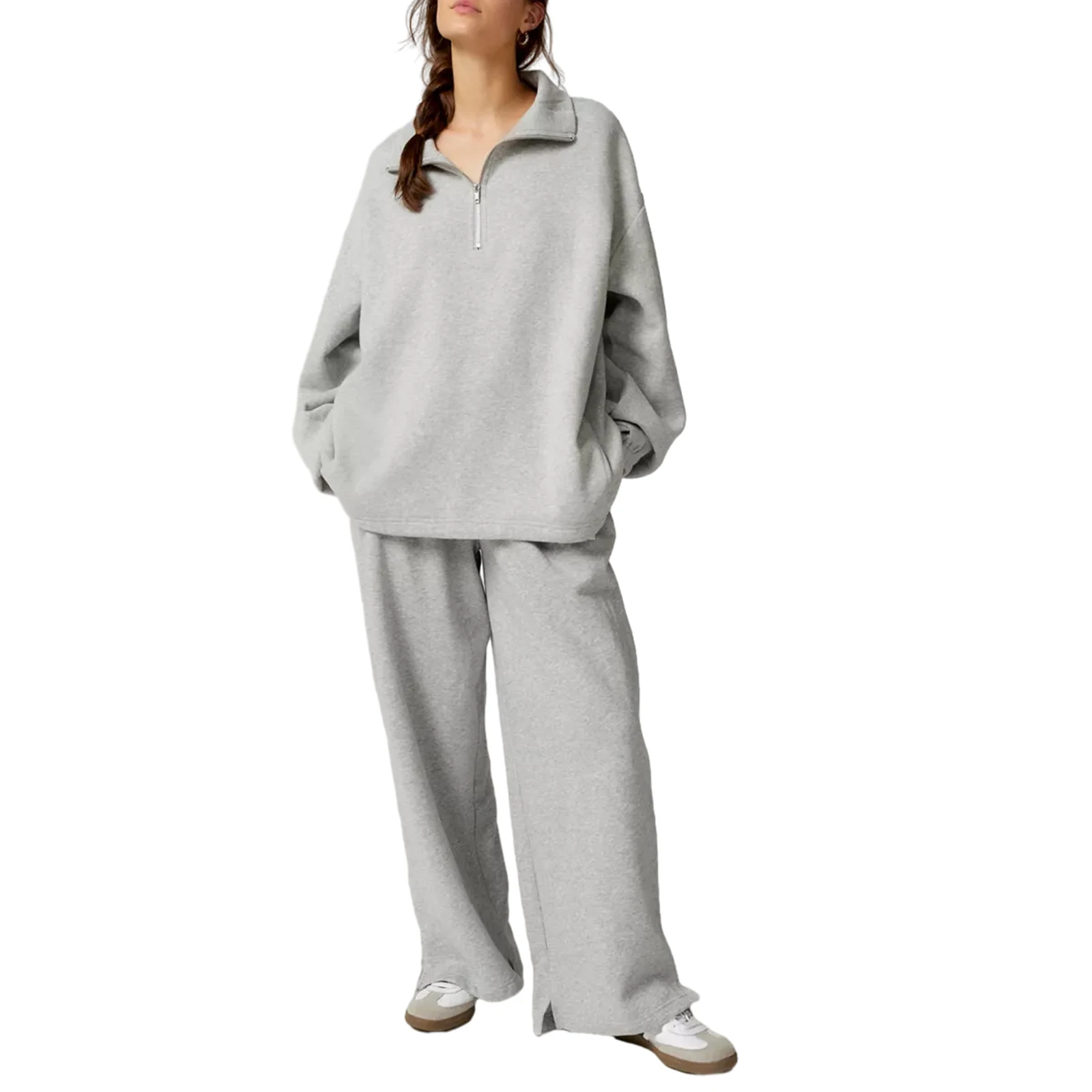 Sudadera holgada con solapa y media cremallera para mujer, jersey informal con cremallera 1/4, cuello alto, hombros caídos, básica, suave