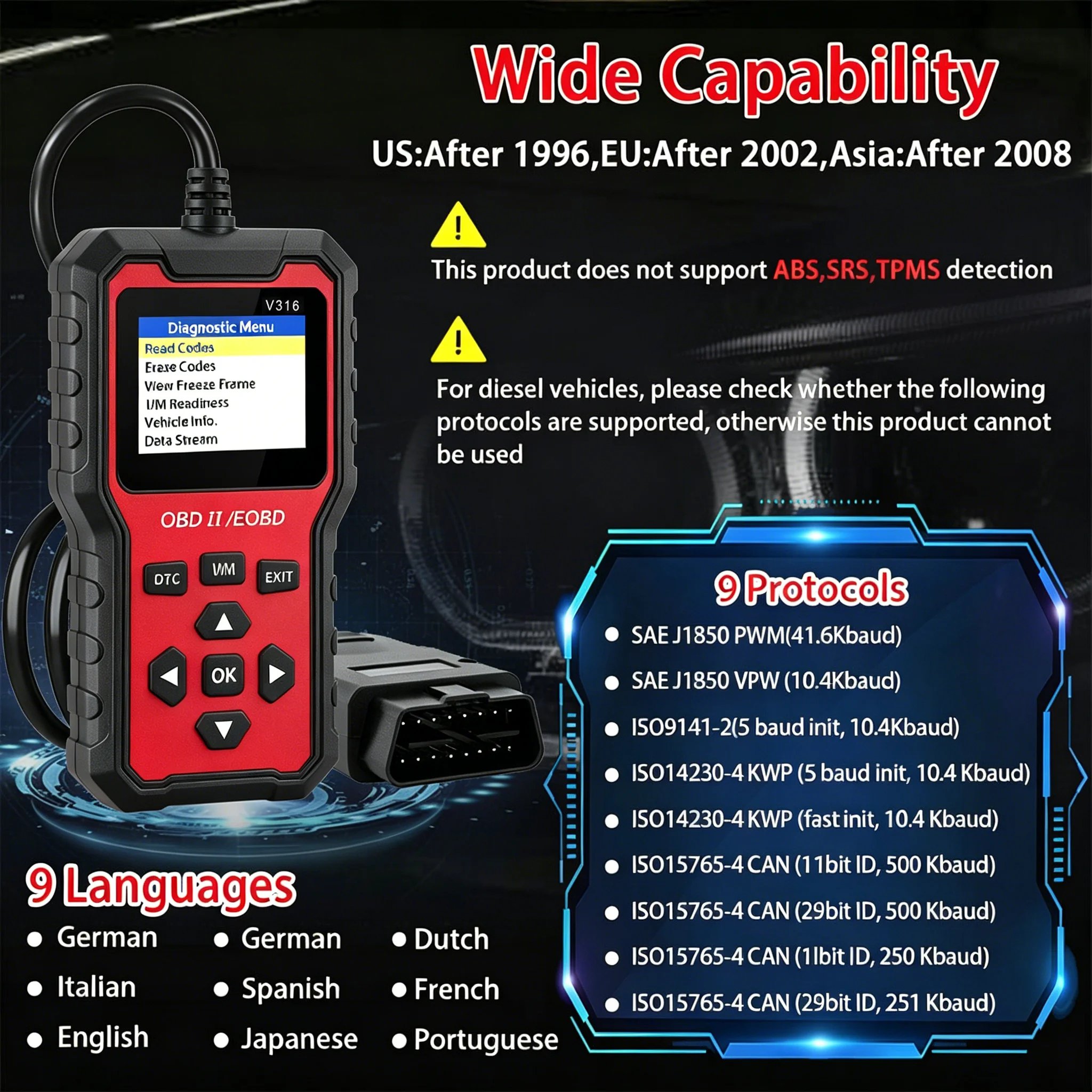 1996+ 유니버셜 V316 OBD2 진단기 자동차 엔진 고장 감지기 전압 검사기 자동차 수리 액세서리