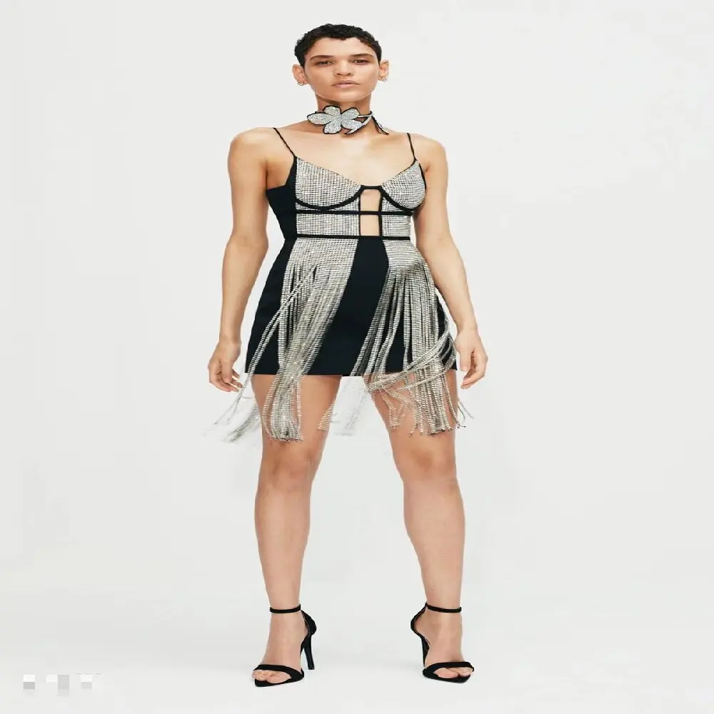 

Женский наряд, модное облегающее мини-платье с украшением из страз, с цепочкой и кисточками, сексуальная юбка на бретельках с V-образным вырезом и открытой спиной, шикарное платье