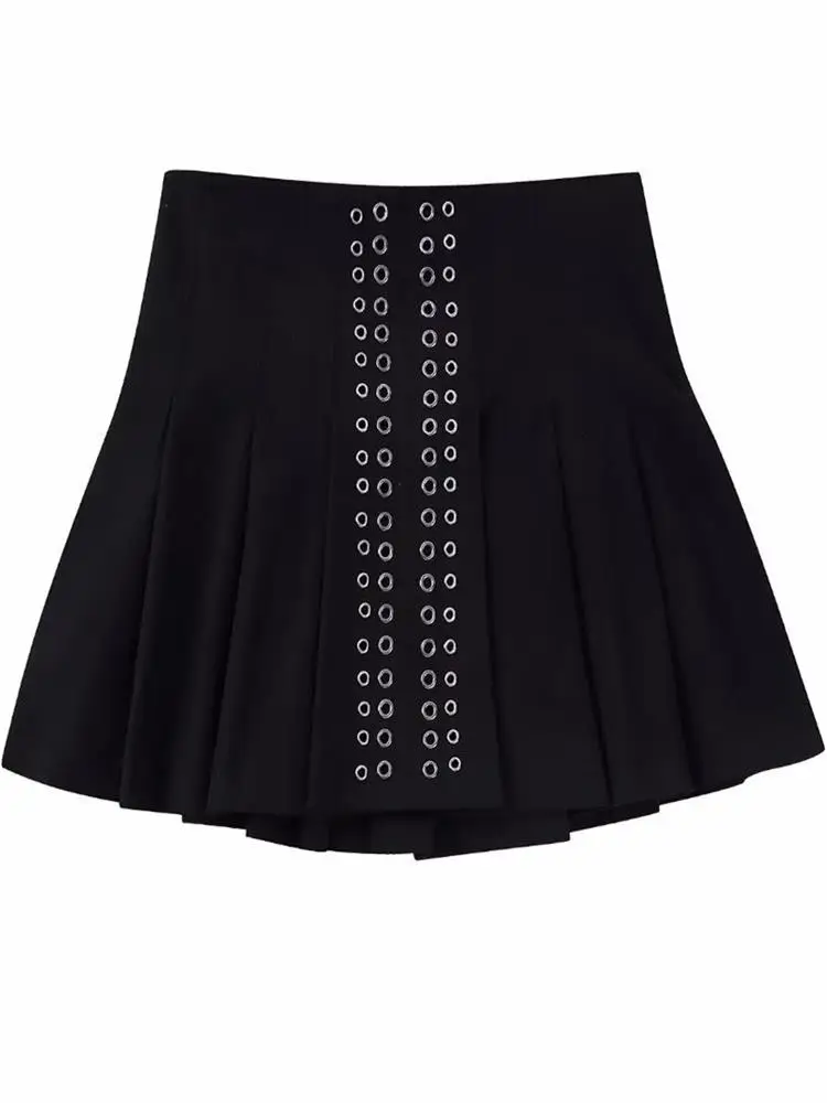 Zxqj 2022 Women Fashion With Ring Pleated Mini Skirt Vintage High Waist