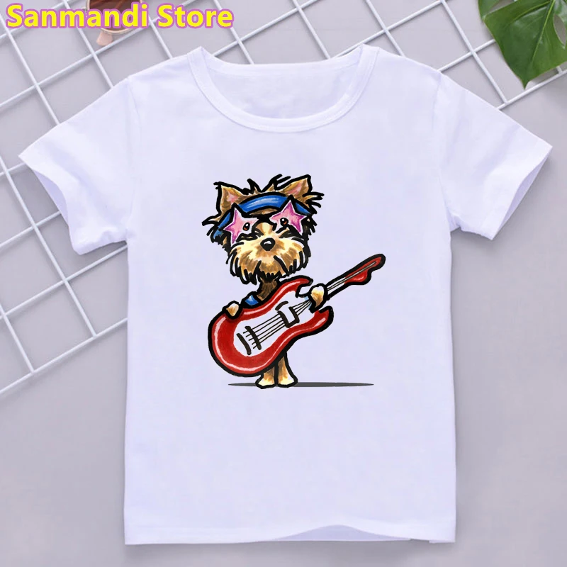 

New Funny Kids Clothes Teddy Playing Guitar Animal Print Tshirt Summer Tops for Girls Kawaii Children Clothing Doge T Shirt