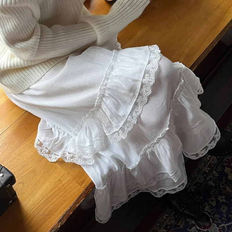 

Ruffles Lace Chiffon White Skirts Midi Long Skirt Elastic Waistband Women Holiday Boho Korean Cloth Cute fairycore 2000s grunge