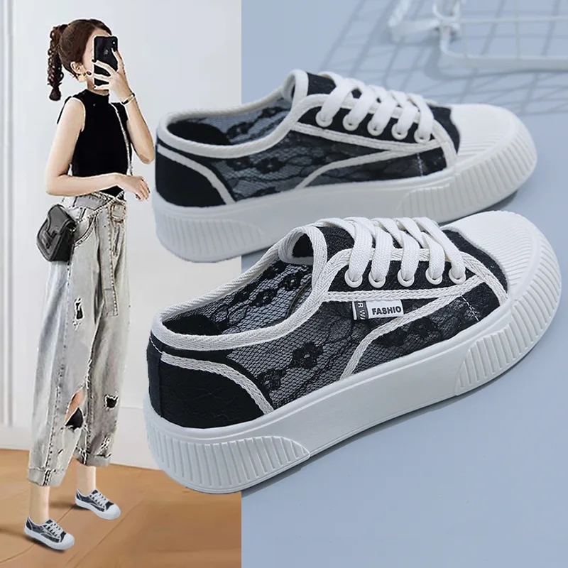 New Shoes for Women Fashion Summer Casual Shoes Lace Hollow Breathable Ladies Platform Shoes Flats Woman Black Student Sneakers