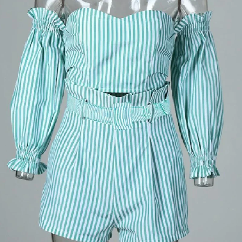 Off Shoulder Crop Tops and Shorts Set Women Sexy 2 Piece Set Ruffle Long Sleeve Tops Stripe Set with Free Sashes and Chest Pad