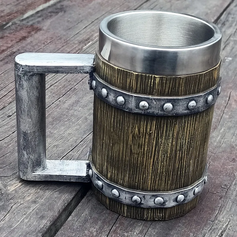 

Nordic Viking Rune Beer Mug Stainless Steel Tankard Resin Imitation Wooden Texture Decor Stein Coffee Cup Party Gift 600ml