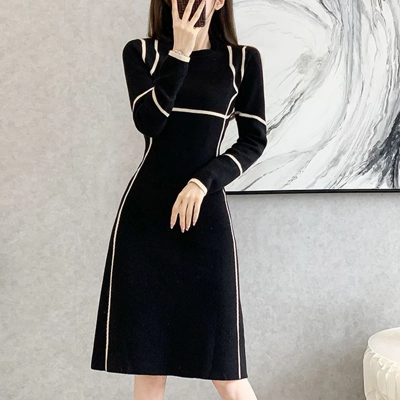 

Spring Autumn Contrast Color Round Neck Fashion Long Sleeve Midi Dress Women High Street Slim Knitting Elegant Casual Dresses