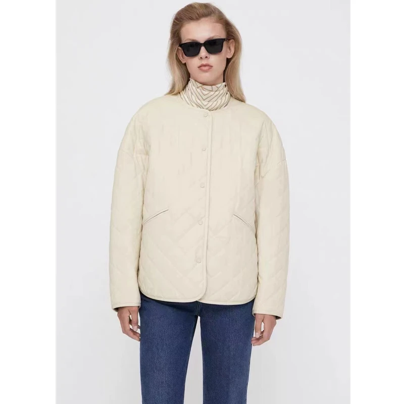 

TT Women's Jacket Coat Original Cotton Material Diamond Texture Snap Button Design Loose Crew Neck Cotton Jacket