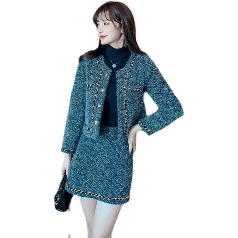 

Женский твидовый комплект из 2 предметов, небольшая Очаровательная куртка + юбка с запахом на бедрах, новый осенне-зимний набор для социалитов