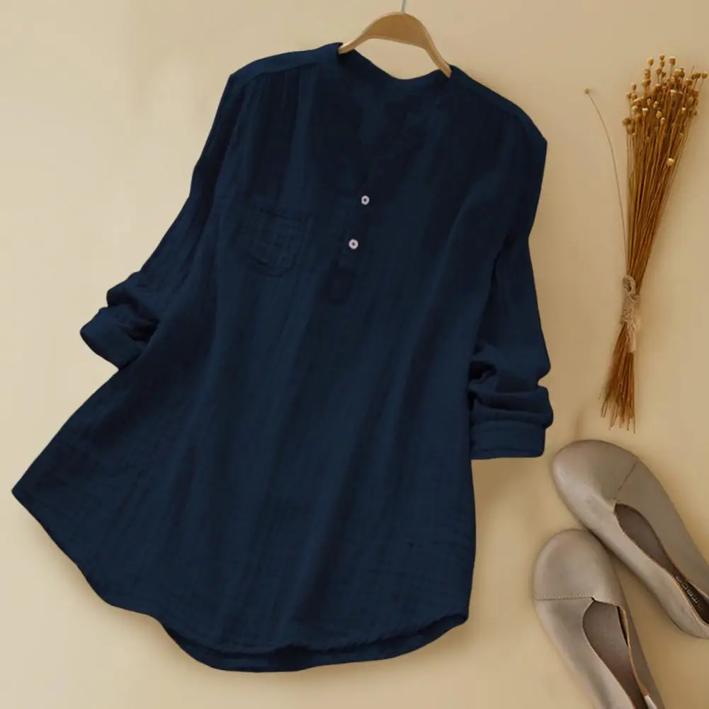 

Woman Shirt V Neck Buttons Placket Long Sleeves Casual Wear Solid Color Top Blouse Summer Casual Loose T-shirt Commuter Clothes