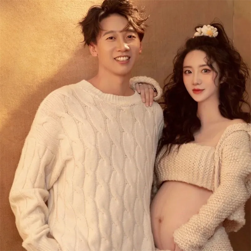 여성 사진 소품 뜨개질 스웨터 탑 가디건 반바지 양말 임신 옷 커플 가족 출산 사진 소품 정장