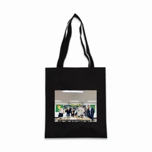 

KPOP ATEEZ Third Anniversary Cartoon Painting Printing Fashion Large-Capacity Zipper Canvas Bag Black White Shoulder Handbag 9b