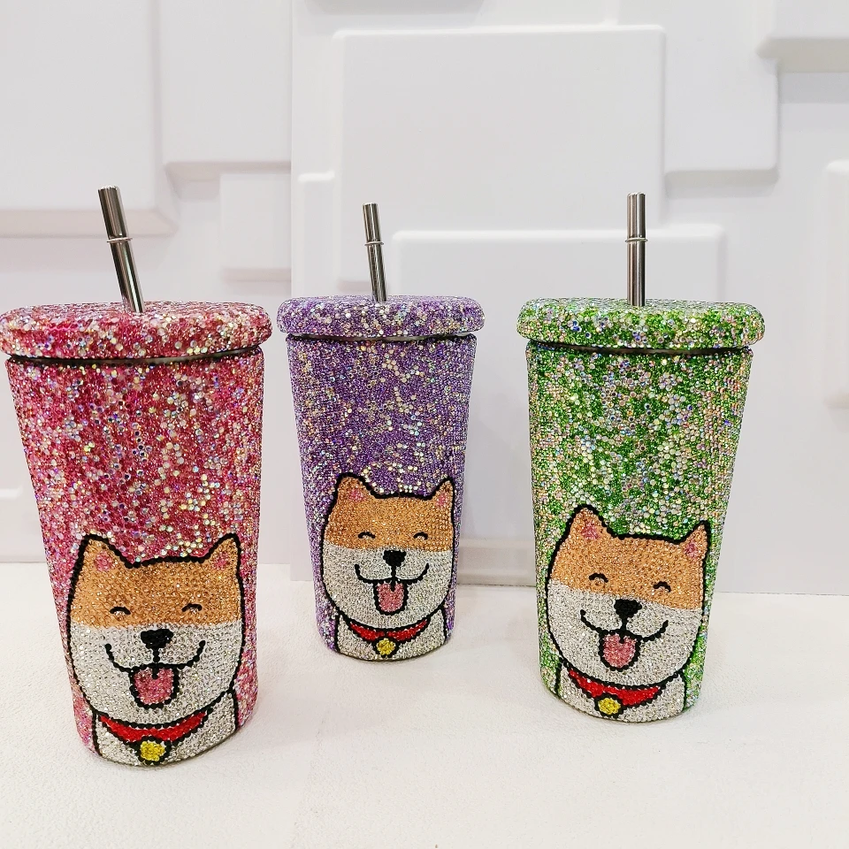 

Stainless Steel Fortune Cat Strawberry Bear Ice Cup Cute Shiba Inu with Rhinestones Straw Bingba Car Drinking Water Mug 500ML