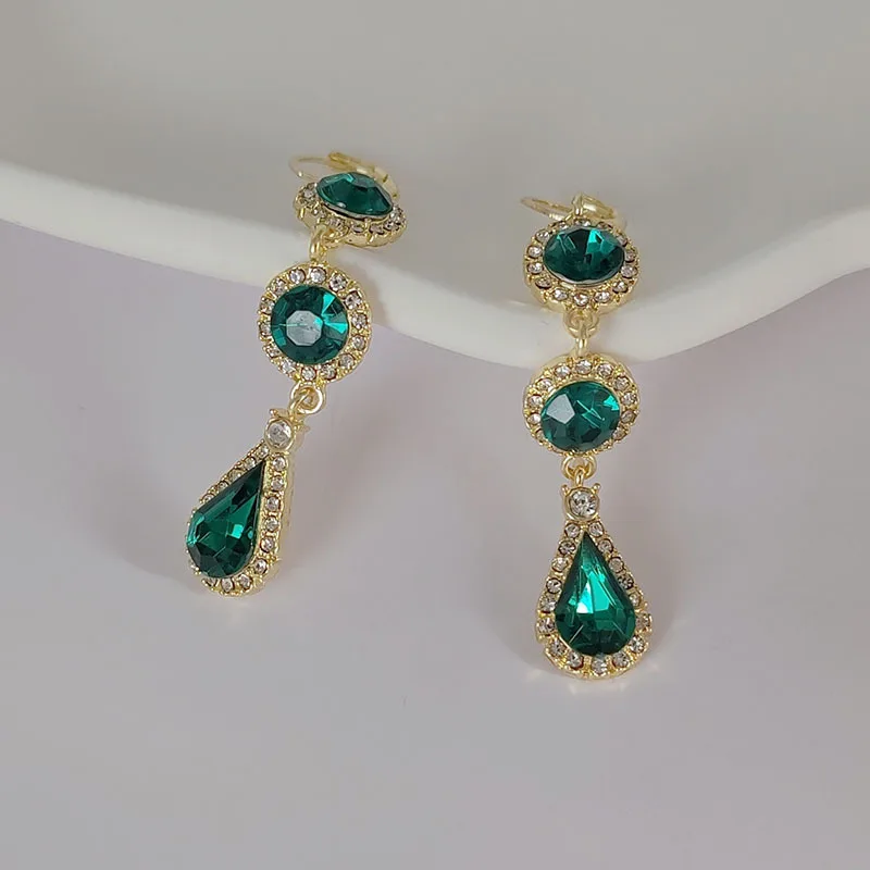 Luxury Emerald Green Symetrical Long Drop Earring Zircon Ear Studs